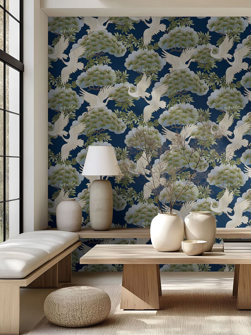 Sprig & Heron Navy Wallpaper (Double Roll) image number 5
