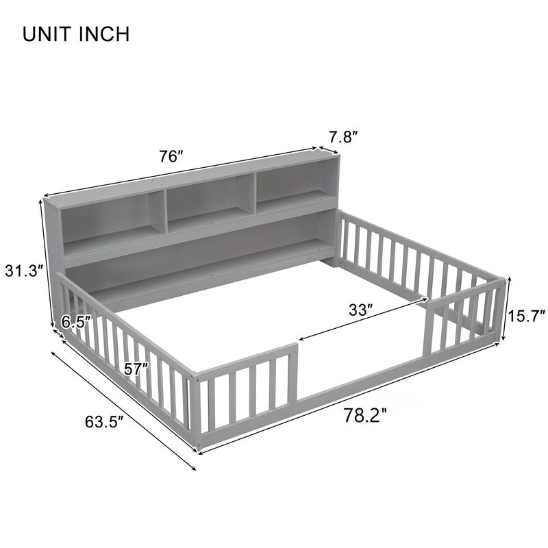 Whisen Full Floor Bed with Protective Fence, Side Bookshelf, and Built-in Shelves for Kids Room