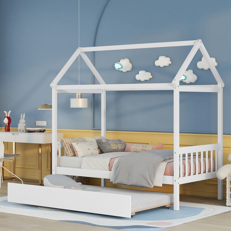 Whisen Solid Wood Twin House Bed Frame with Twin Size Trundle