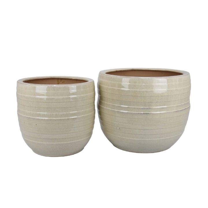 Paulo Barrel Planter Set of 2, Raised Ribbed Beige Ceramic 19, 15 Inch
