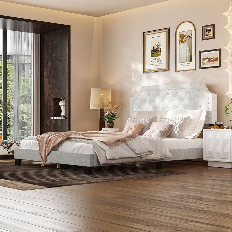 FUFU&GAGA Upholstered Bed, Queen Size, Soft Fabric Upholstery with MDF and Multi-Layer Board Construction, (85.4" D x 63" W x 42.3" H ), Light Grey