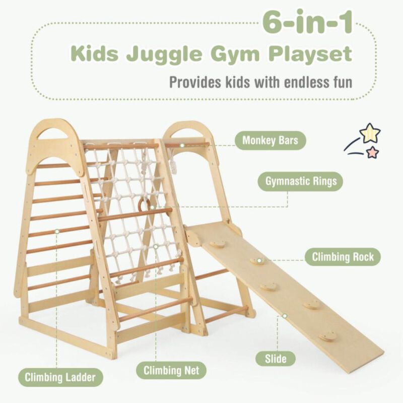 Hivvago 6-in-1 Wooden Kids Jungle Gym Playset with Slide Climbing Net