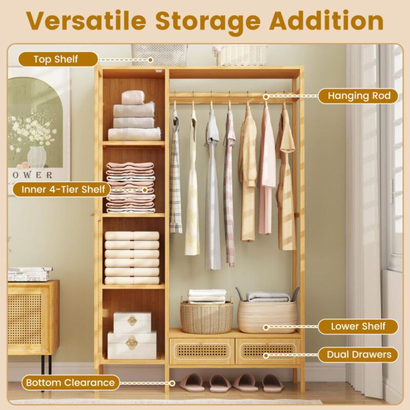 Hivvago Bamboo Clothing Rack with Cabinet and Drawers and Hanging Rod