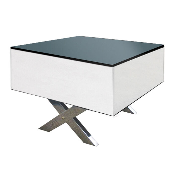 End table with black glass top, white mirror glass sides, and chrome legs, 23.5"x23.5"x20''H