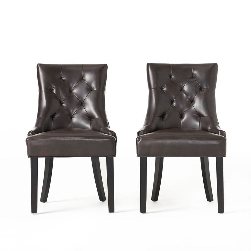 Chen Dining Chair Set of 2, Sloped Arms, Tufted Brown Faux Leather - Benzara