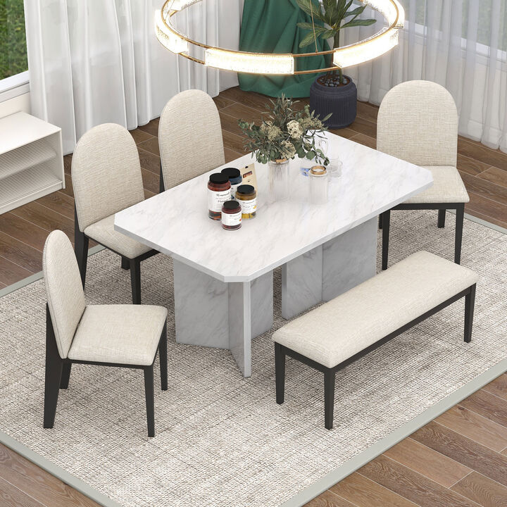 6-Piece Modern Style Dining Set with Faux Marble Table and 4 Upholstered Dining Chairs & 1 Bench (White)