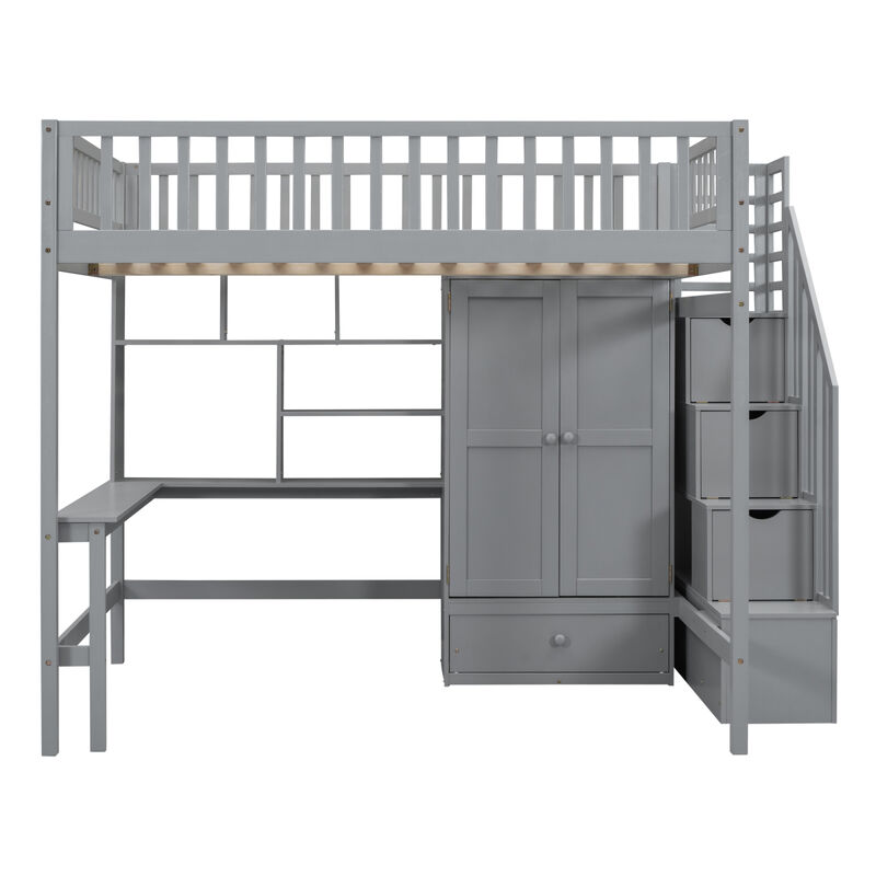 Full size Loft Bed with Bookshelf, Drawers, Desk, and Wardrobe Gray