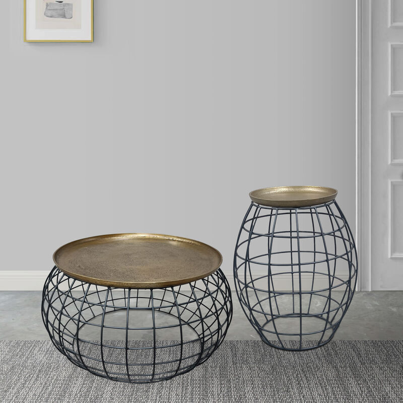 Milo 2-Piece Coffee Table and End Table Set - Round Antique Brass Tray Top with Curved Cage Design Black Iron Base