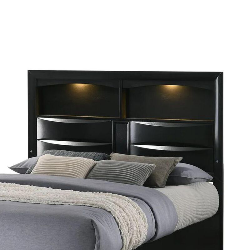 Benjara Flash Queen Size Bed, 2 Storage Drawers, Shelves, Black Wood, LED Headboard