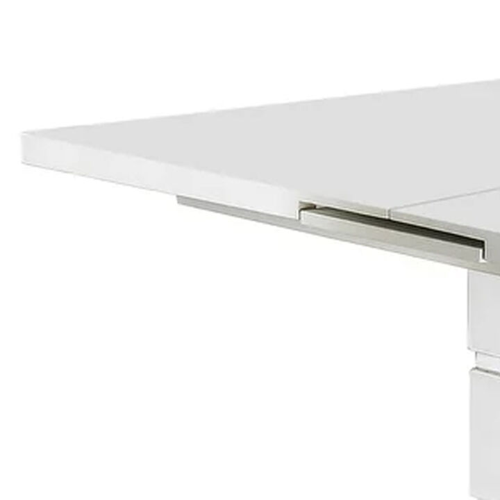 Extendable Dining Table with Metal Base, White and Silver - Benzara