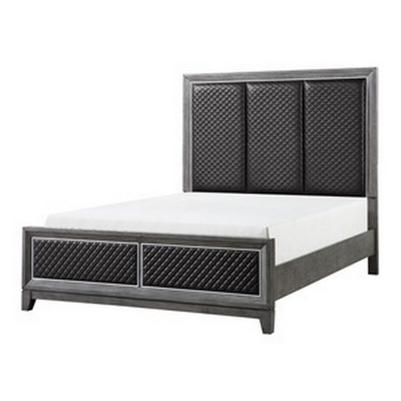 Stacy Queen Bed, Gray Faux Leather Upholstered Panels, Silver, Gray Wood