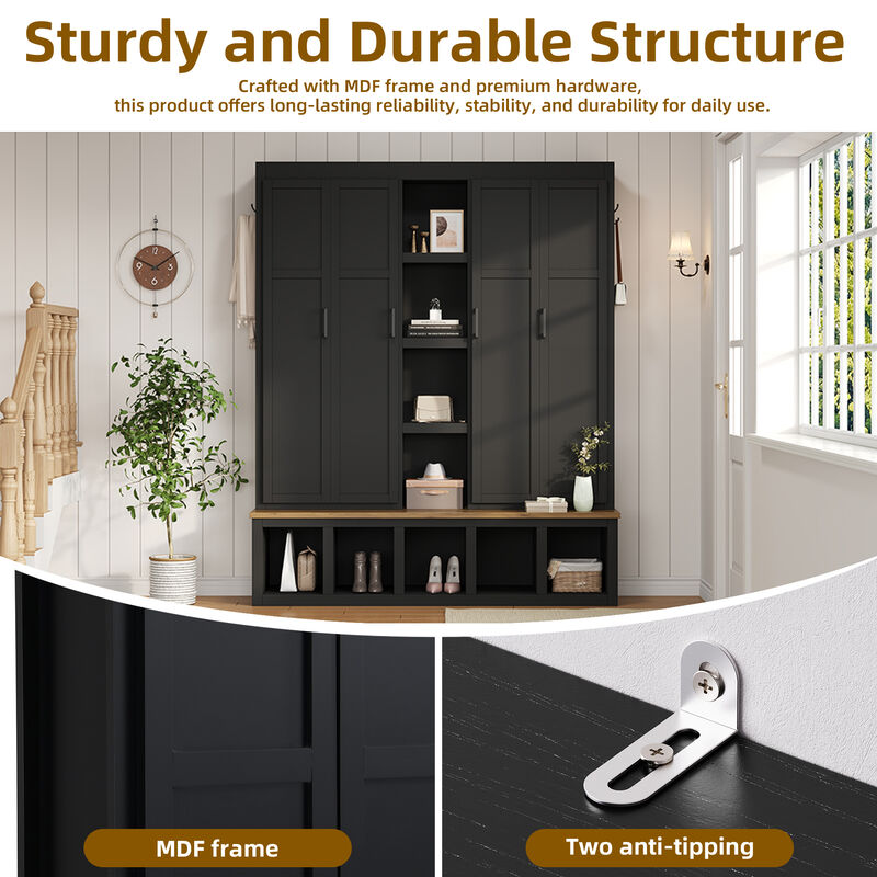 Merax Farmhouse 4-in-1 Hall Tree 6 Hanging Hooks, Wood Grain Bench | Shoe Cabinet with Open Storage