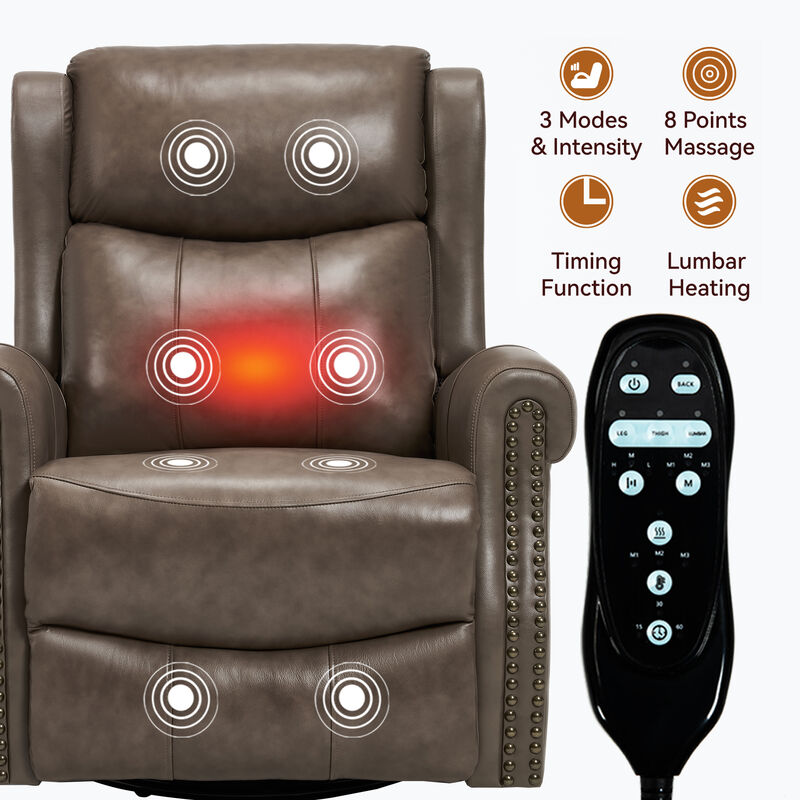 Genuine leather Heat Massage Manual Recliner Chair with Rocker and Swivel for Living Room image number 4
