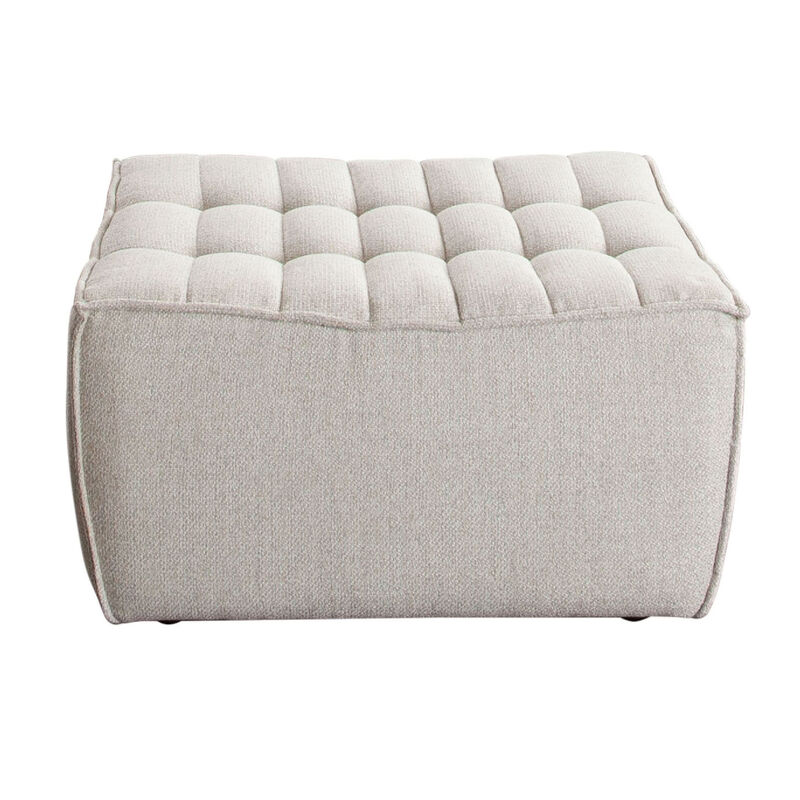 Ema Ottoman, Sand Beige Fabric, 31 Inch, Scooped Seat w Grid Tufting