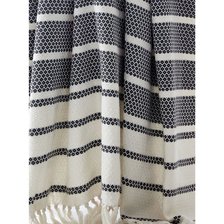 Ida 60 x 70 Throw Blanket with Diamond Knitted Cotton, Gray and White-Benzara