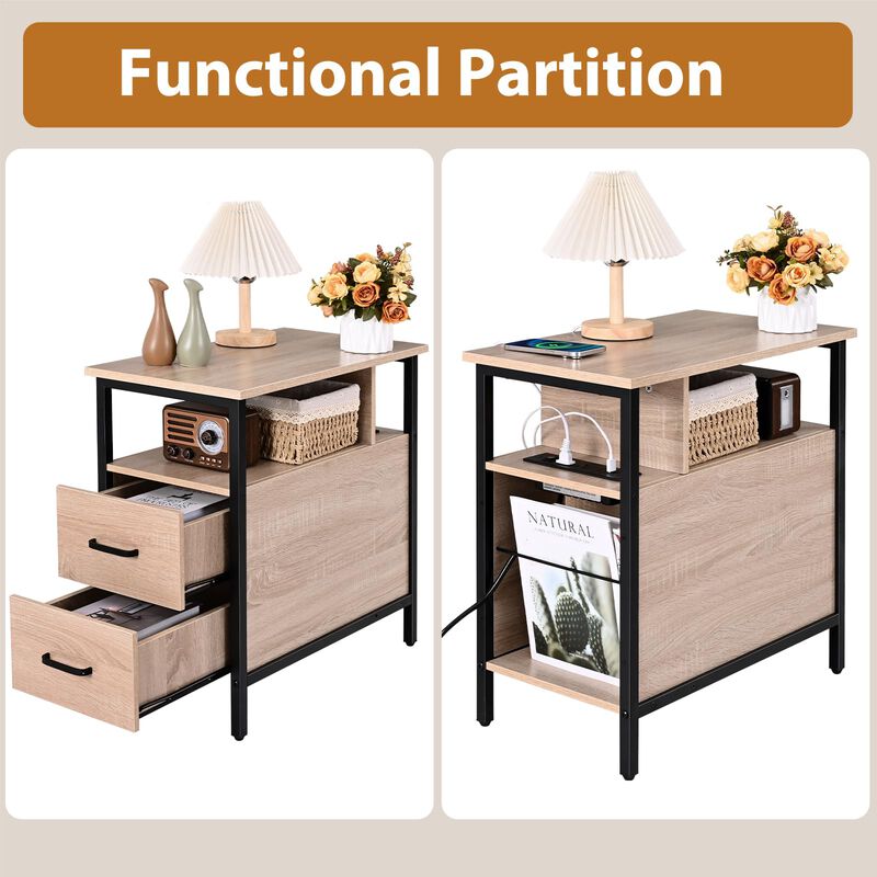 Livofloral Side Tables with Charging Station, Narrow End Table with 2 Wooden Drawers, USB Ports and Power Outlets, Narrow Nights