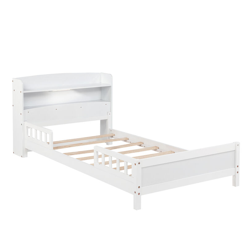 Whisen Twin Pine Wood Bed with Bookcase Headboard ,LED Motion Sensor Light, Guardrails-White