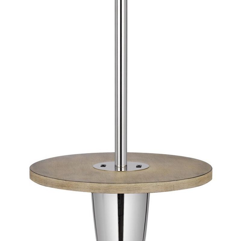 Charlie 61 Inch Modern Floor Lamp, Wood Table, 1 USB, Glossy, White, Brown-Benzara
