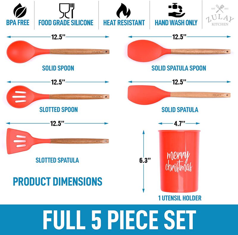 Non-Stick Silicone Utensils Set (5-Piece) with Authentic Acacia Wood Handles & Utensil Holder