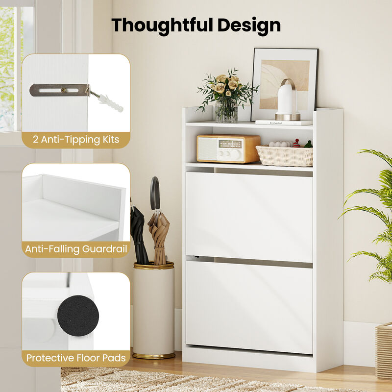 Hidden Shoe Rack Cabinet with 2 Flip Drawers and Customizable Shelving-White image number 5