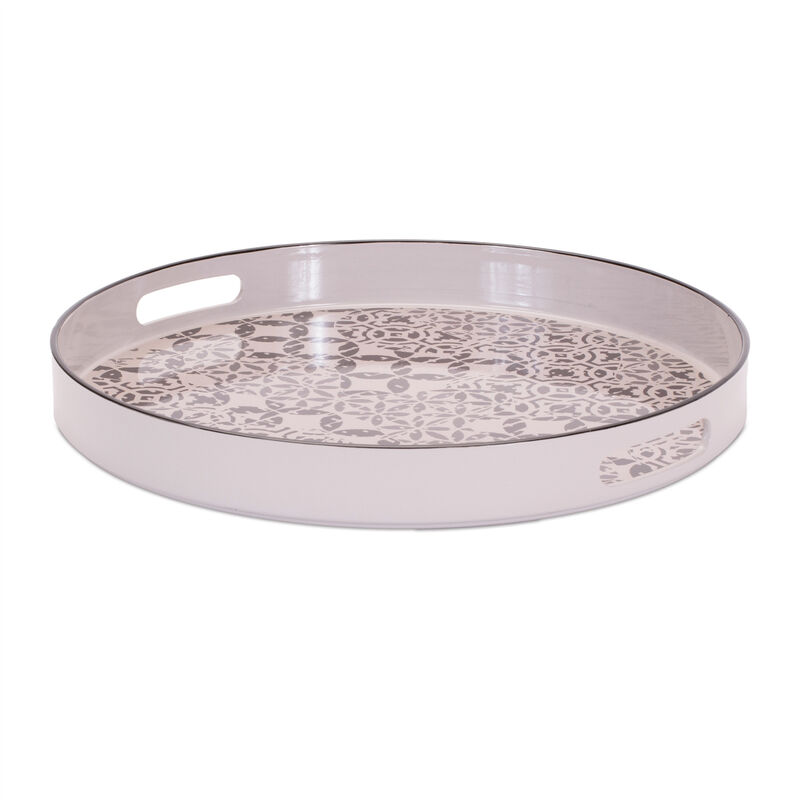 HomeRoots 14" Cream And Gray Geometric Pad Print Round Serving Tray With Handles image number 3