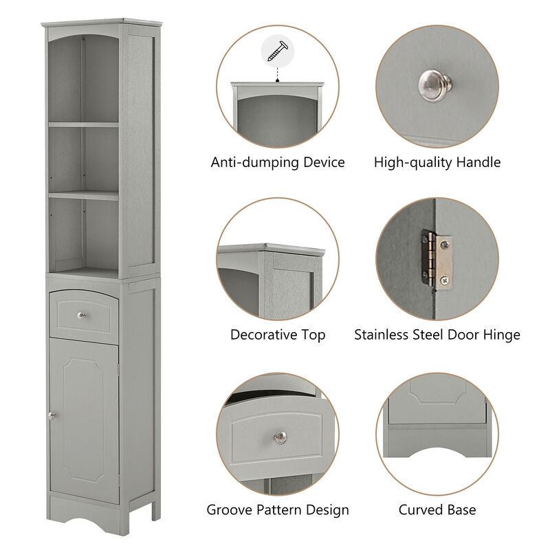 Whisen Verticle Bathroom Cabinet, Freestanding Storage Cabinet with Drawer and Adjustable Shelves