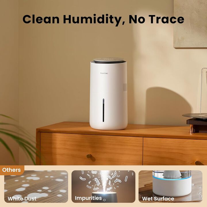 Provirtec MistFree Evaporative Humidifier for Bedroom, 3L No White Dust, Auto Humidity Control, Works with Tap Water, Night Light, Easy Clean Tank