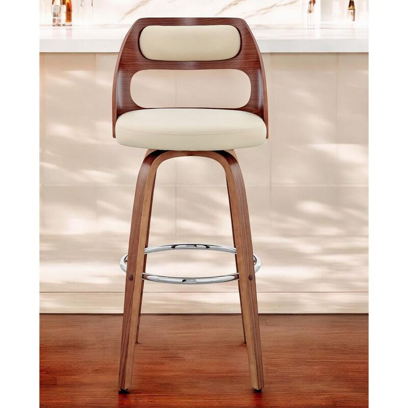 Hivvago 30 Inch Cream and Brown Faux Leather Swivel Bar Chair