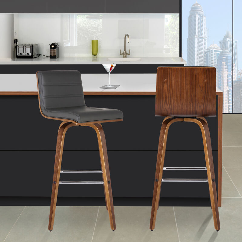 Vienna  Counter Height Swivel Grey Faux Leather and Walnut Wood Bar Stool