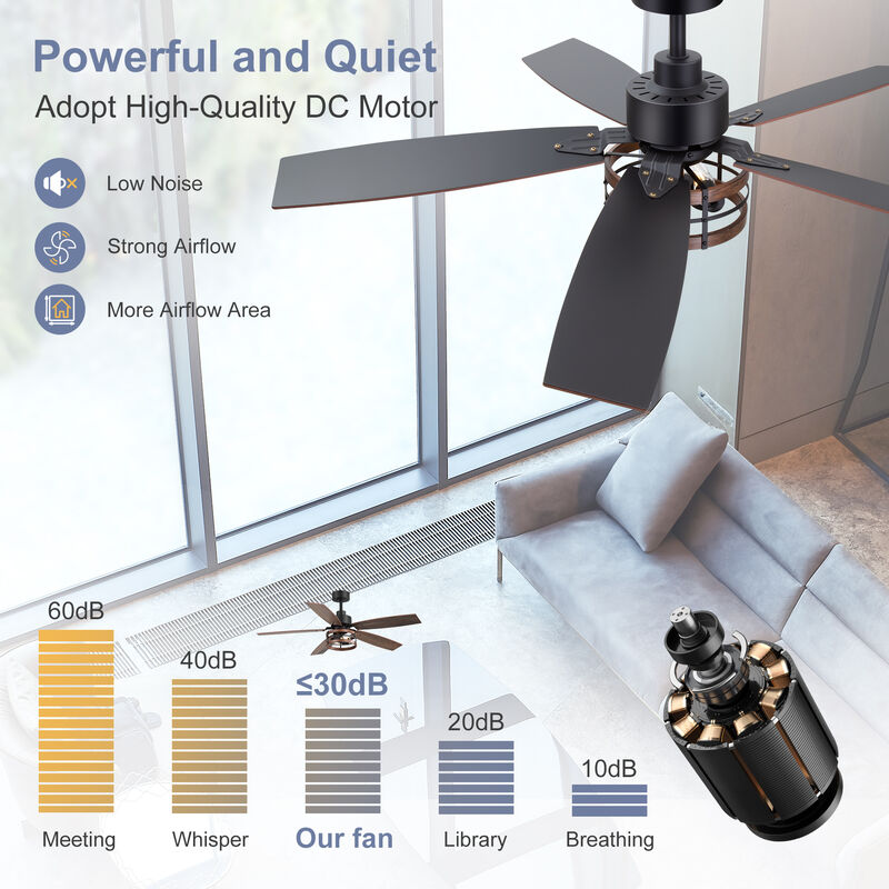 Breezary 52" Ceiling Fan with Light, 5 Plywood Blades, E26 2-Light, 6 Speeds, Remote Control image number 4