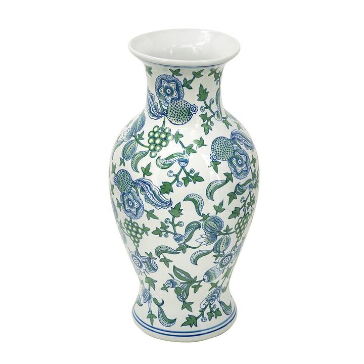 HomeRoots 19" White Blue And Green Floral Urn Porcelain Table Vase