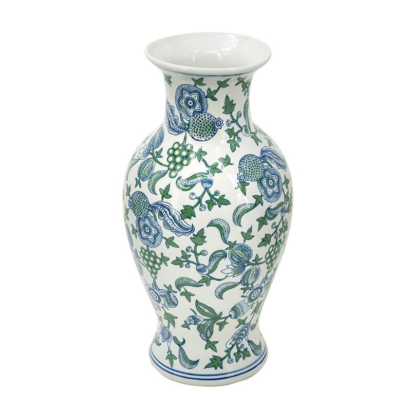 HomeRoots 19" White Blue And Green Floral Urn Porcelain Table Vase image number 0