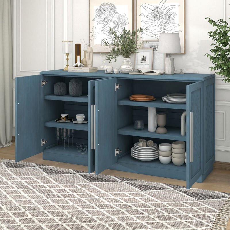 Sideboard with 4 Doors Large Storage Space Buffet Cabinet with Adjustable Shelves and Silver Handles for Kitchen, Dining Room, Living Room (Antique Blue)