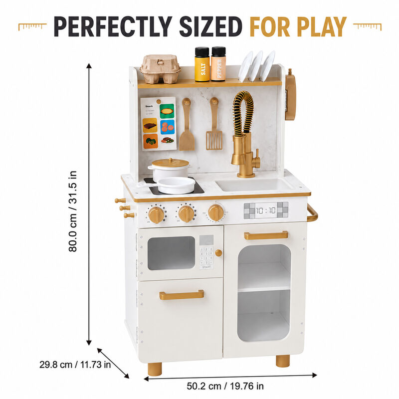 Teamson Kids Wooden Play Kitchen Set with 16 Accessories, Extendable Faucet, White Gold Compact Wooden Play Kitchen, Oven, Sink and Storage Little Chef Memphis image number 6