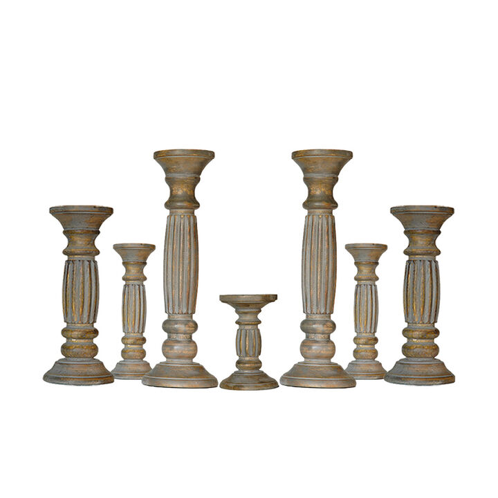 Traditional Gray Wash Eco-friendly Handmade Mango Wood Set Of Seven 15",12",9",6",9",12" & 15" Pillar Candle Holder