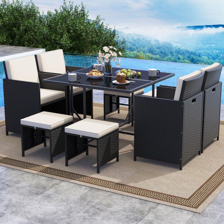Hivvago 9 Piece Patio Dining Set with Tempered Glass Table and Ottoman