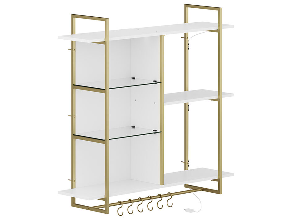 BELLEZE Floating Shelves for Wall with Lights, 40" LED Wall Mounted floating Shelves for Bathroom, Kitchen, Bedroom, Hanging Display Rack Bookshelf with 6 Hooks, Floating Bar Shelves Gaming Room Decor