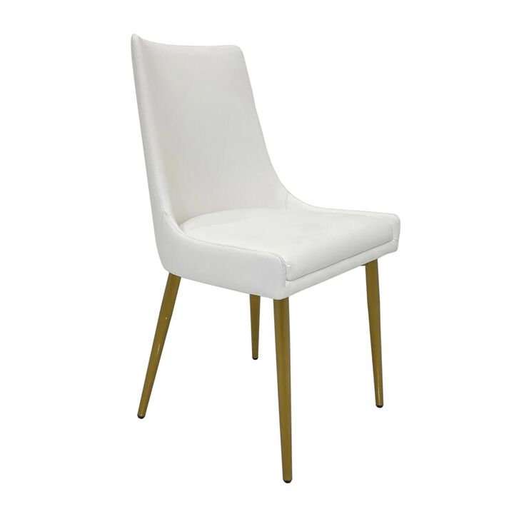Rusa Dining Chair Set of 2, White Faux Leather Upholstery, Gold Legs