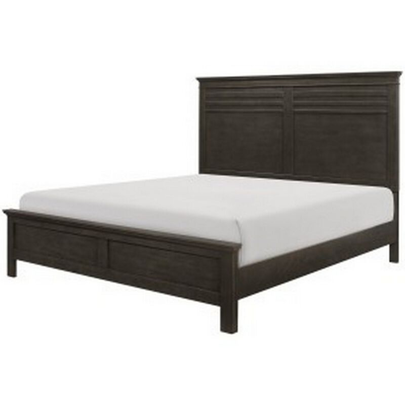 Candy Queen Bed, Farmhouse Embossed Accented Headboard, Charcoal Gray Wood - Benzara