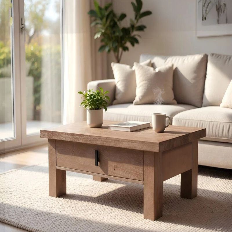 Les 36 Inch Square Coffee Table with Panel Legs, 2 Storage Drawers, Matte Brown Mango Wood, Black Handles image number 2
