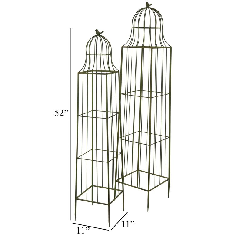 Meryl Plant Trellis Set of 2, Garden Tall Cage Design, Green Metal - Benzara
