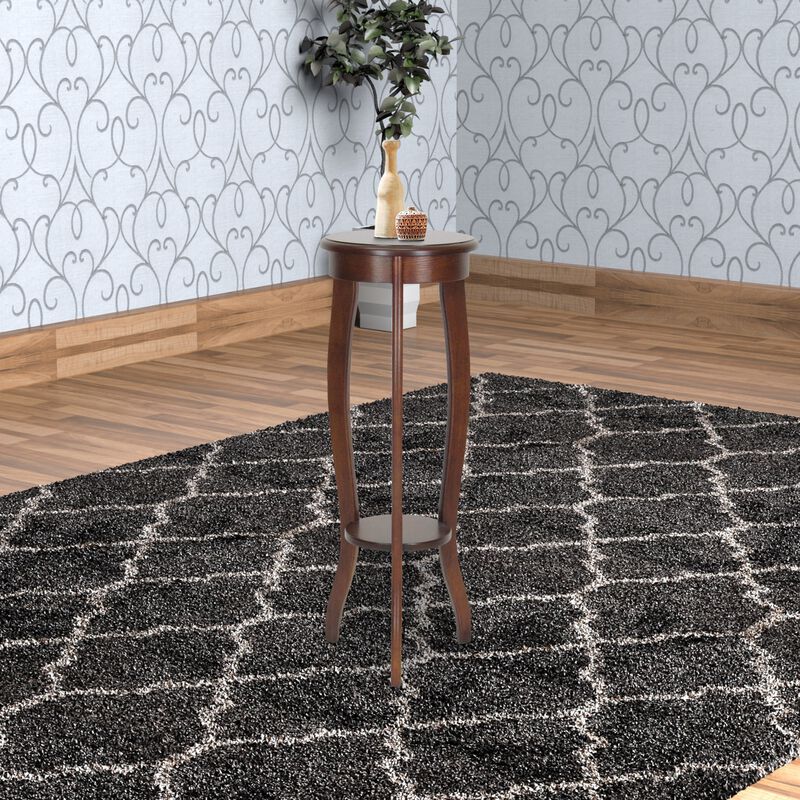 31.5 Inch Round Pedestal Stand with Open Bottom Shelf and Flared Legs,Brown - Benzara