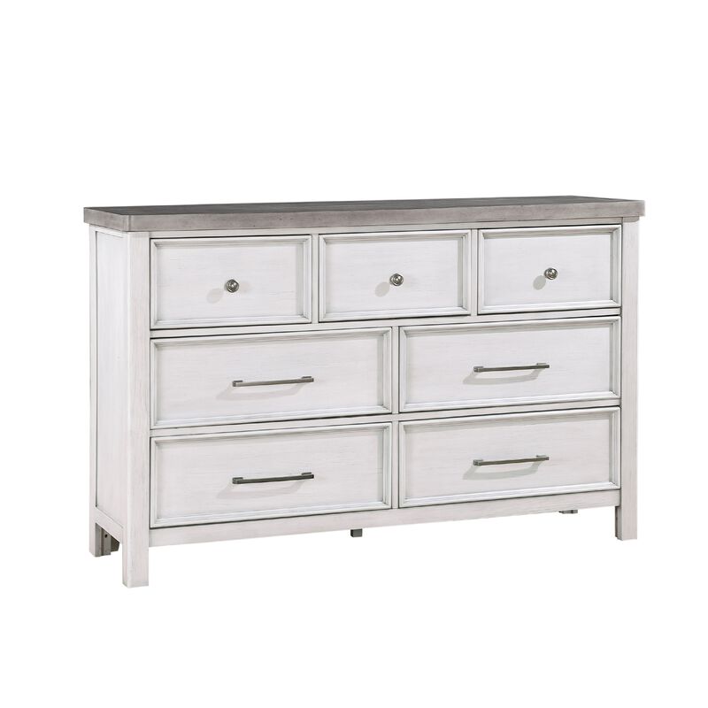 Amby Dresser, 62 Inch, 7 Drawers, Farmhouse White Gray Acacia Wood - Benzara