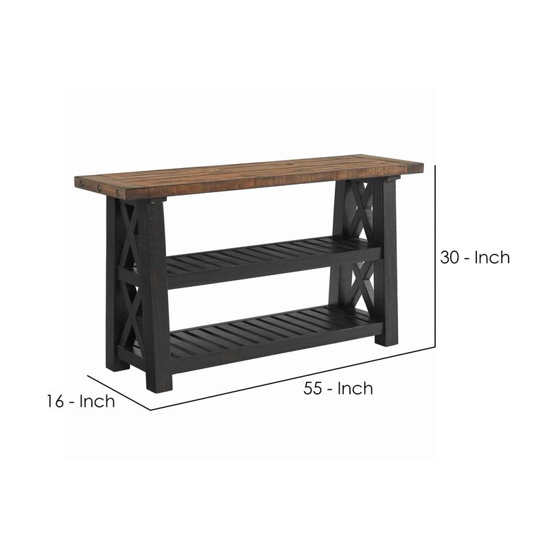 Sofa Table with 2 Slatted Shelves and X Legs, Brown and Black-Benzara