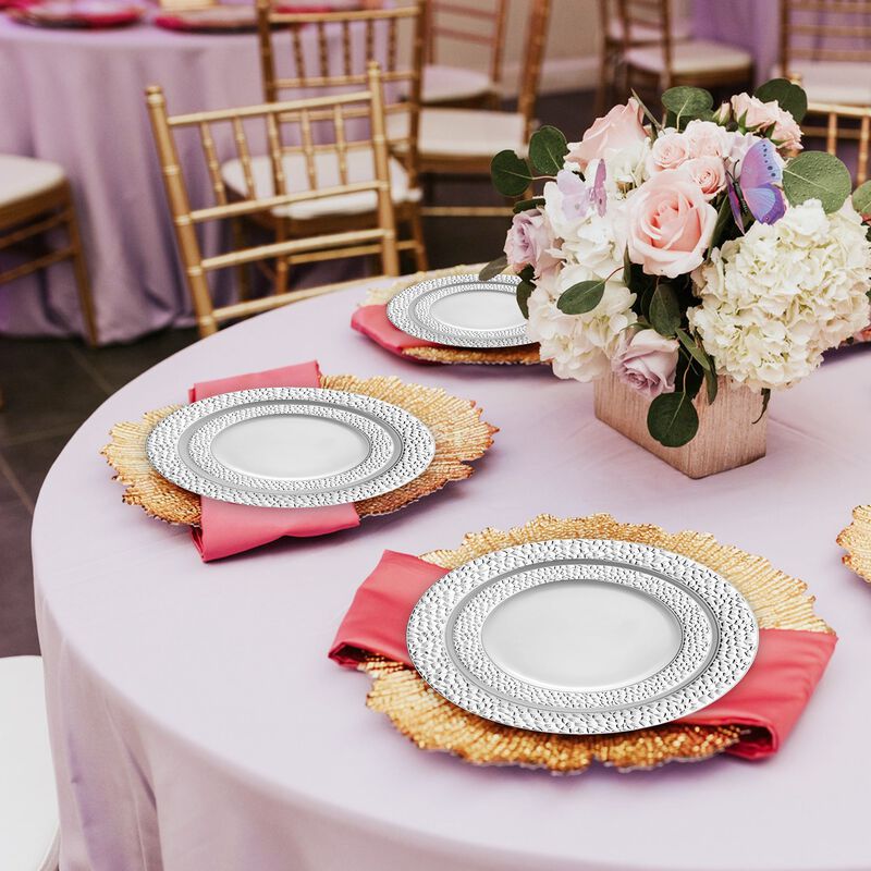 White with Silver Hammered Rim Plastic Dinnerware Value Set (40 Sets) image number 8
