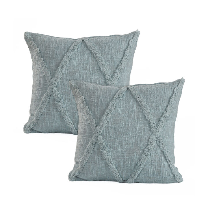 HomeRoots Set of Two Blue Diamond Cotton Throw Pillow With Fringe