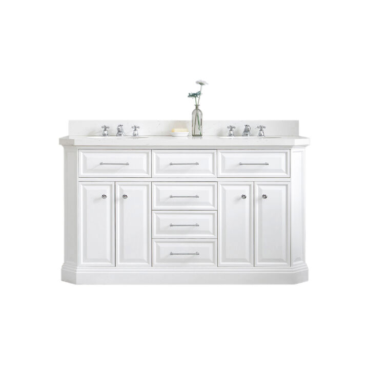 Palace 60 In. Double Sink Carrara Quartz Countertop Bath Vanity in Pure White with Chrome Hardware