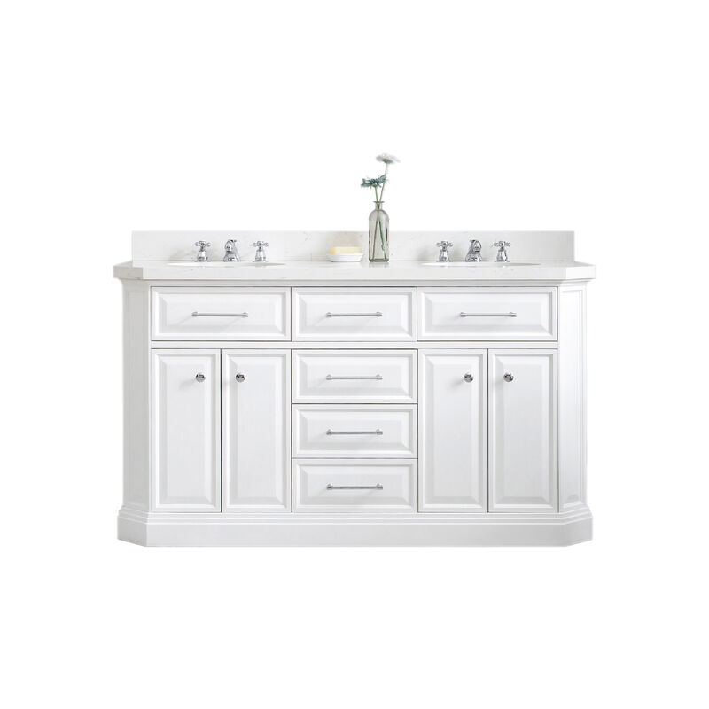 Palace 60 In. Double Sink Carrara Quartz Countertop Bath Vanity in Pure White with Chrome Hardware