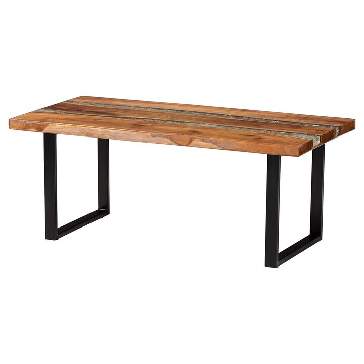 bali & pari Apio Wood Epoxy Resin Coffee Table with Glass Inlay - Rectangular Live Edge Teak wood Accent Table with Black Metal Base, Modern Rustic Centerpiece