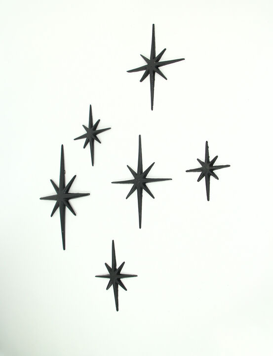 Set of 6 Black Cast Iron Starburst Wall Hangings Mid Century 8 Pointed Stars